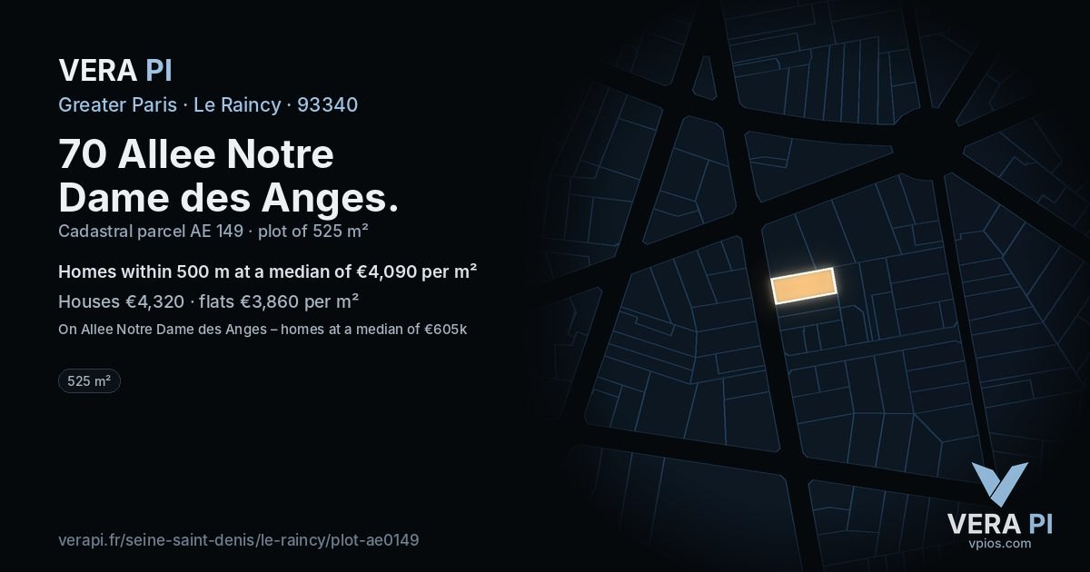 70 Allee Notre Dame des Anges, Le Raincy at night – the plot lit, the parcels around coloured by the prices near them