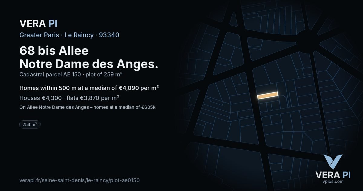68 bis Allee Notre Dame des Anges, Le Raincy at night – the plot lit, the parcels around coloured by the prices near them