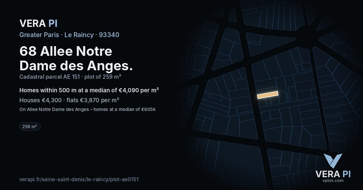68 Allee Notre Dame des Anges, Le Raincy at night – the plot lit, the parcels around coloured by the prices near them