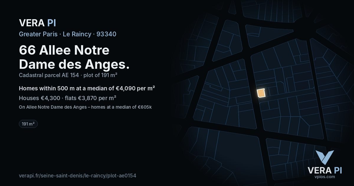 66 Allee Notre Dame des Anges, Le Raincy at night – the plot lit, the parcels around coloured by the prices near them