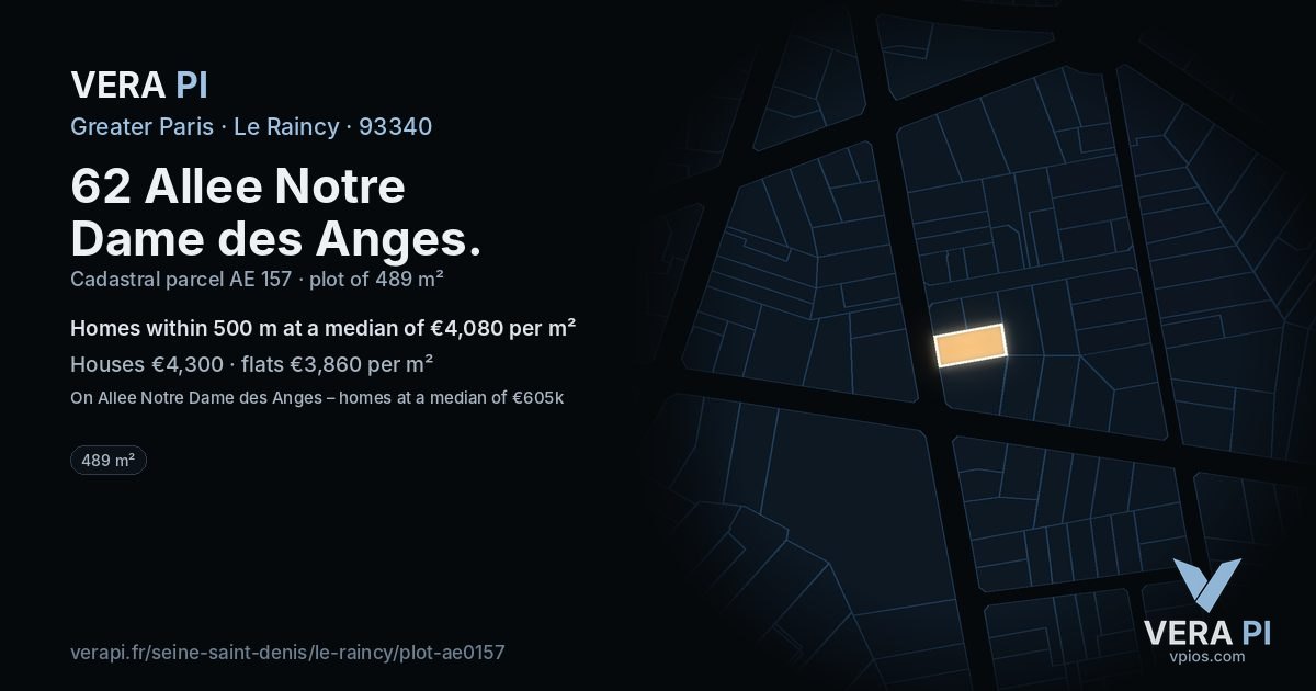 62 Allee Notre Dame des Anges, Le Raincy at night – the plot lit, the parcels around coloured by the prices near them