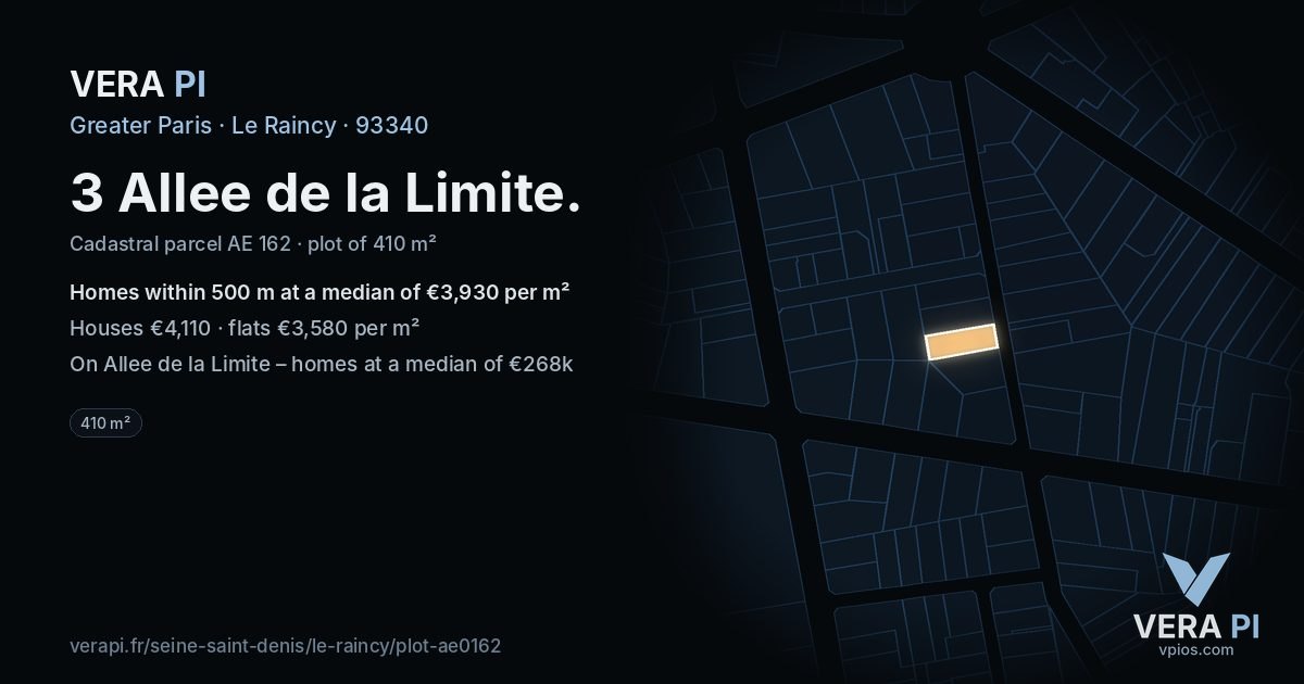 3 Allee de la Limite, Le Raincy at night – the plot lit, the parcels around coloured by the prices near them