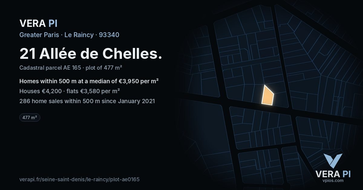 21 Allée de Chelles, Le Raincy at night – the plot lit, the parcels around coloured by the prices near them