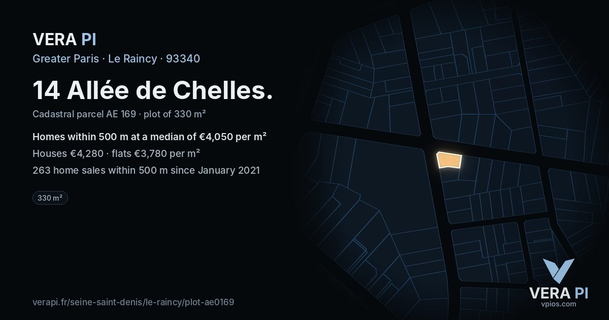 14 Allée de Chelles, Le Raincy at night – the plot lit, the parcels around coloured by the prices near them