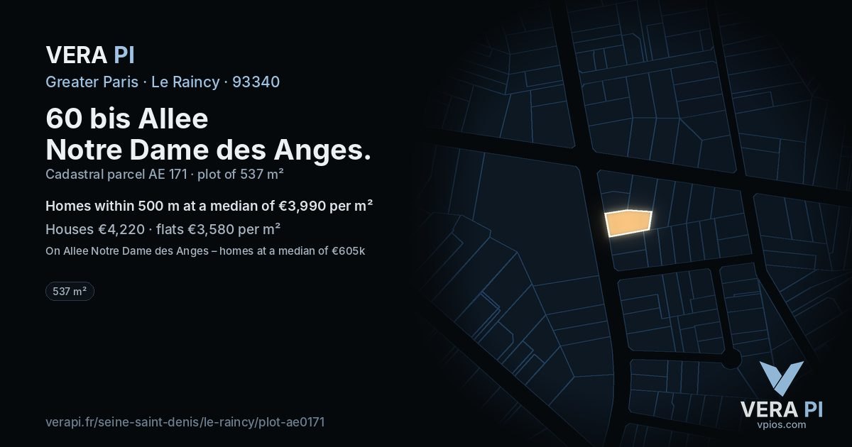 60 bis Allee Notre Dame des Anges, Le Raincy at night – the plot lit, the parcels around coloured by the prices near them
