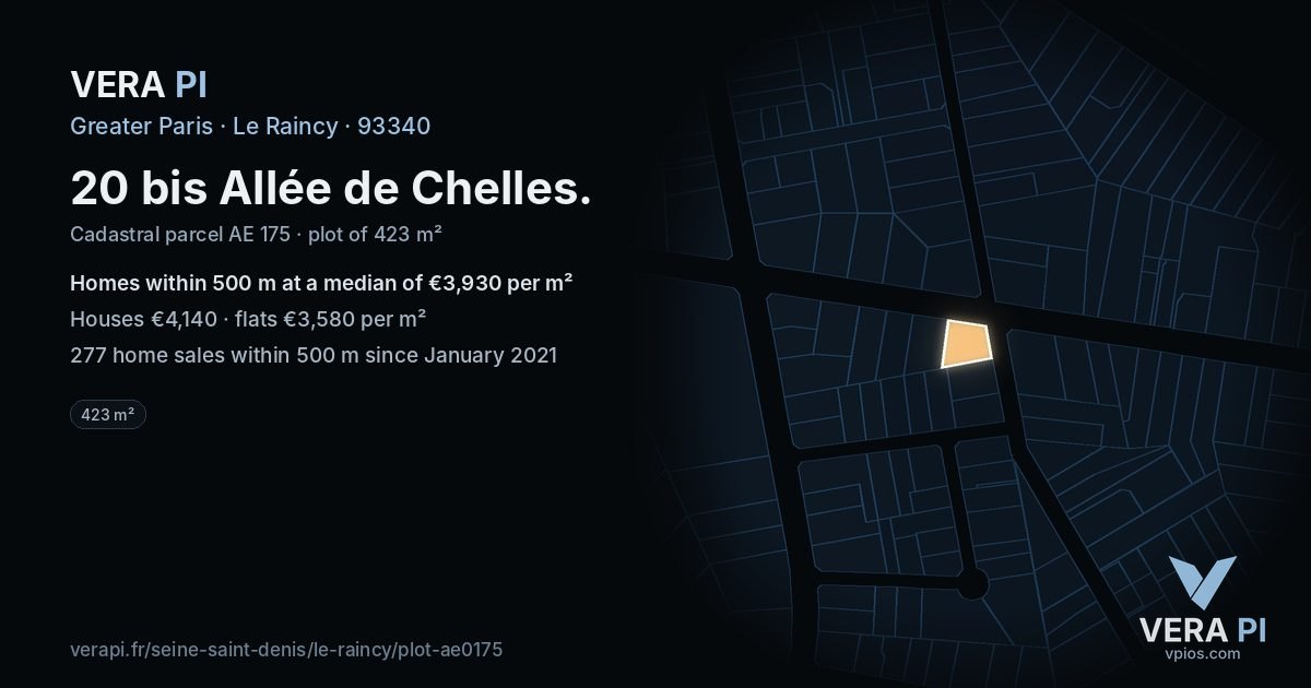 20 bis Allée de Chelles, Le Raincy at night – the plot lit, the parcels around coloured by the prices near them