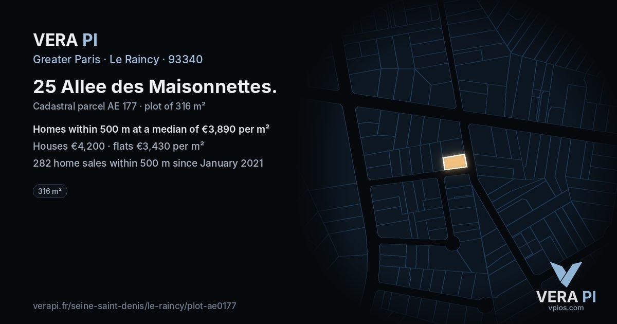 25 Allee des Maisonnettes, Le Raincy at night – the plot lit, the parcels around coloured by the prices near them