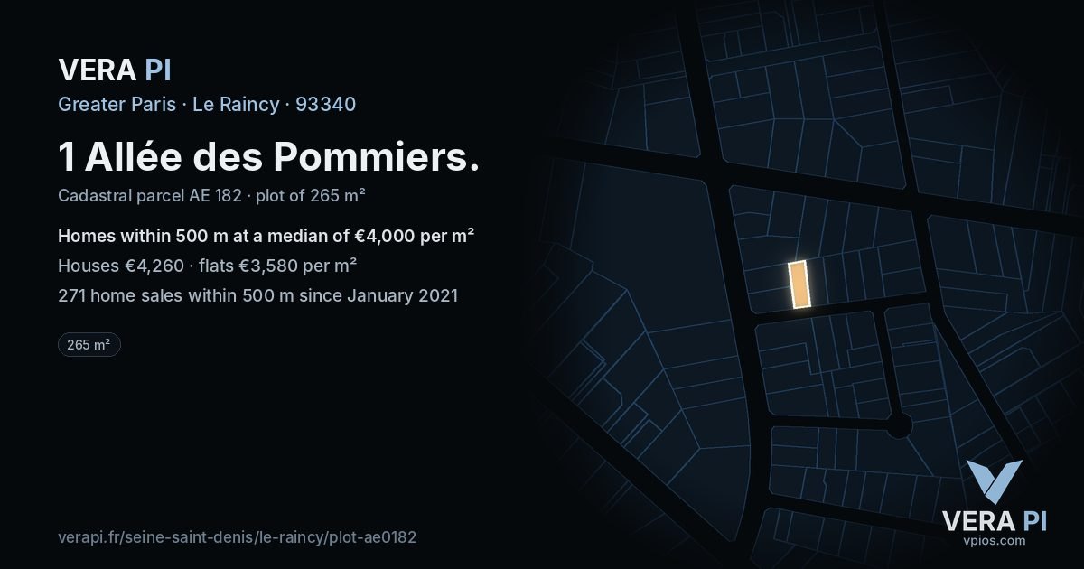 1 Allée des Pommiers, Le Raincy at night – the plot lit, the parcels around coloured by the prices near them