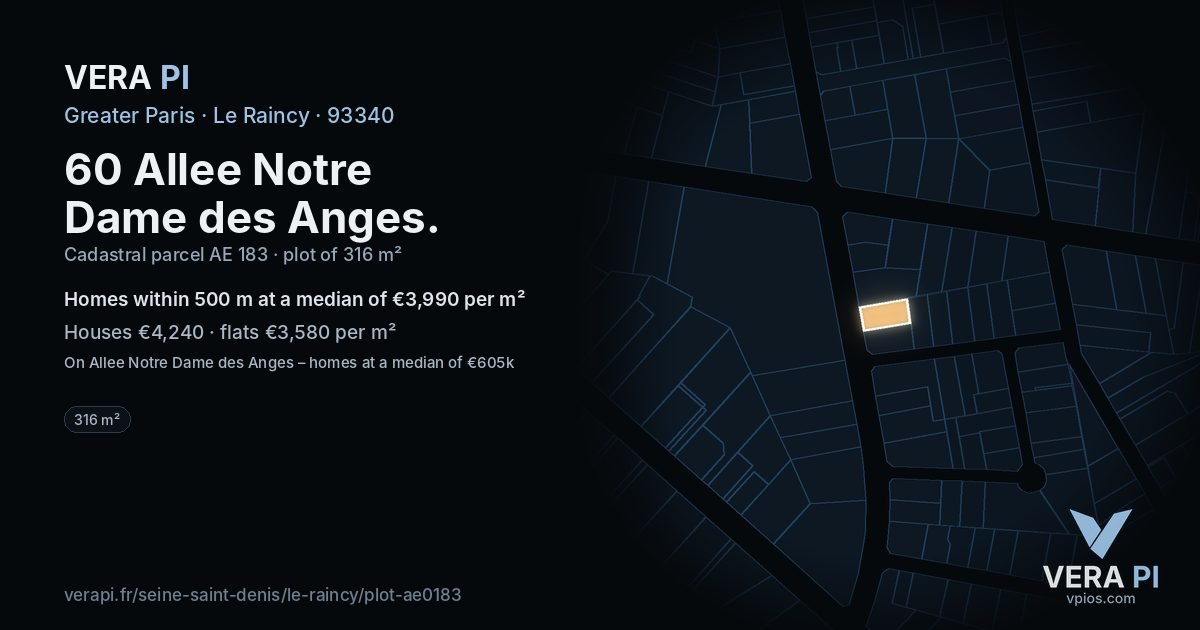 60 Allee Notre Dame des Anges, Le Raincy at night – the plot lit, the parcels around coloured by the prices near them