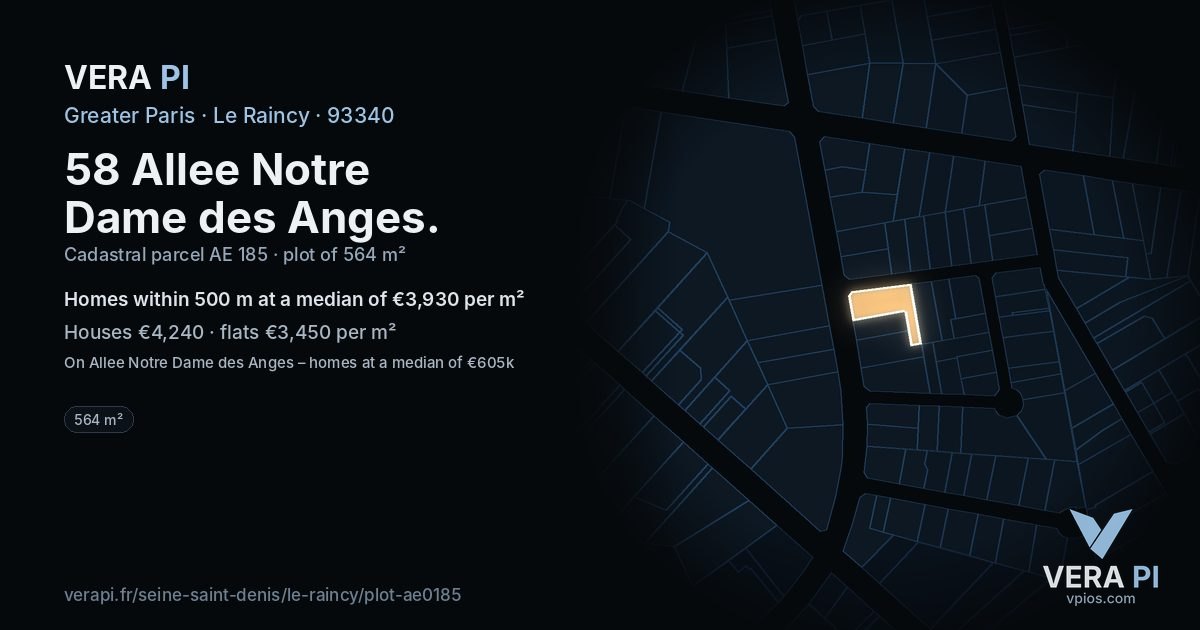 58 Allee Notre Dame des Anges, Le Raincy at night – the plot lit, the parcels around coloured by the prices near them