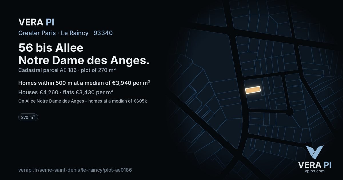 56 bis Allee Notre Dame des Anges, Le Raincy at night – the plot lit, the parcels around coloured by the prices near them