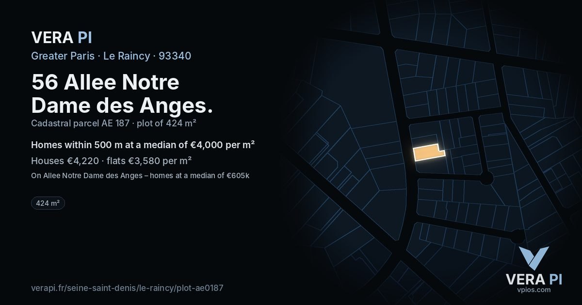 56 Allee Notre Dame des Anges, Le Raincy at night – the plot lit, the parcels around coloured by the prices near them