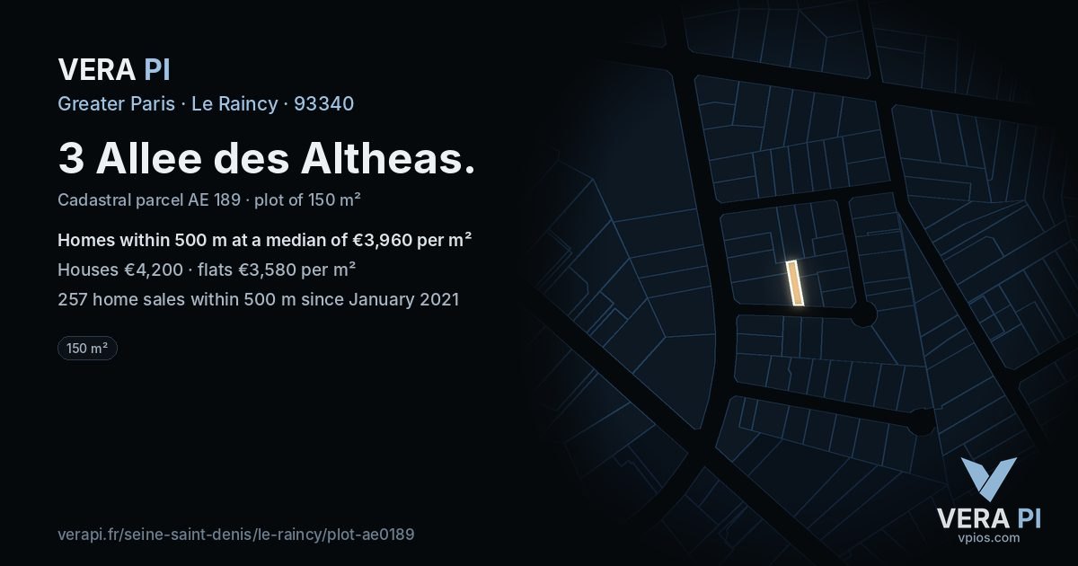 3 Allee des Altheas, Le Raincy at night – the plot lit, the parcels around coloured by the prices near them
