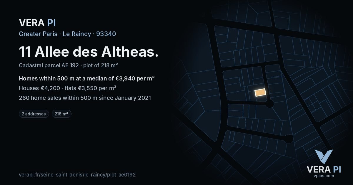 11 Allee des Altheas, Le Raincy at night – the plot lit, the parcels around coloured by the prices near them