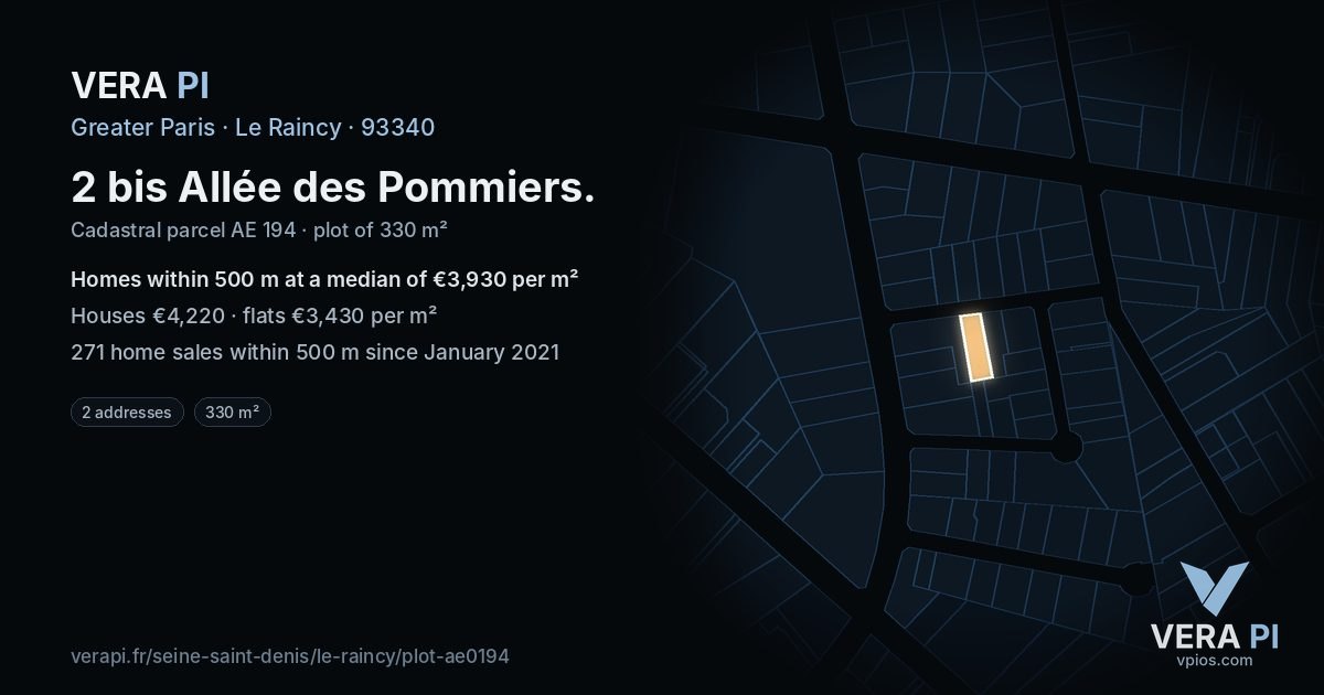 2 bis Allée des Pommiers, Le Raincy at night – the plot lit, the parcels around coloured by the prices near them