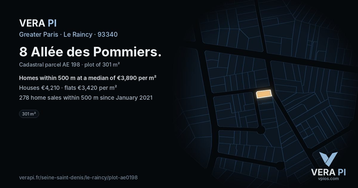 8 Allée des Pommiers, Le Raincy at night – the plot lit, the parcels around coloured by the prices near them