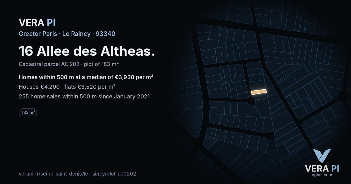 16 Allee des Altheas, Le Raincy at night – the plot lit, the parcels around coloured by the prices near them