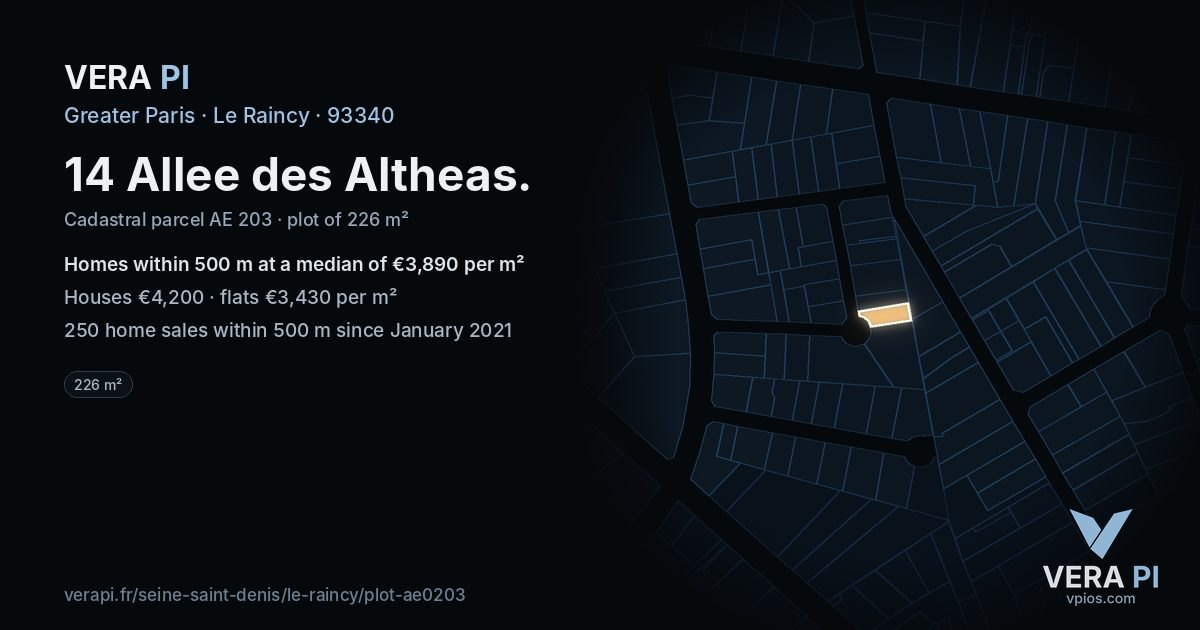 14 Allee des Altheas, Le Raincy at night – the plot lit, the parcels around coloured by the prices near them