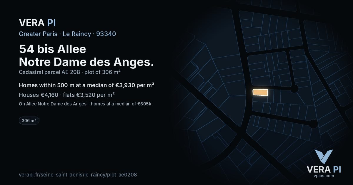 54 bis Allee Notre Dame des Anges, Le Raincy at night – the plot lit, the parcels around coloured by the prices near them