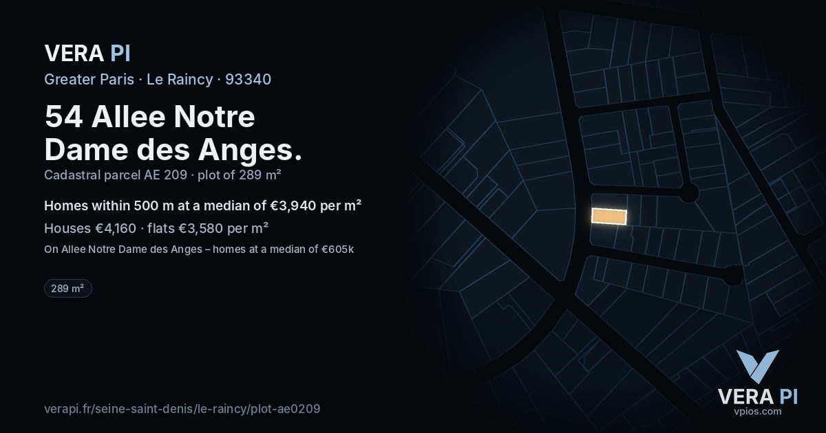 54 Allee Notre Dame des Anges, Le Raincy at night – the plot lit, the parcels around coloured by the prices near them