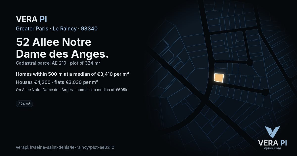 52 Allee Notre Dame des Anges, Le Raincy at night – the plot lit, the parcels around coloured by the prices near them