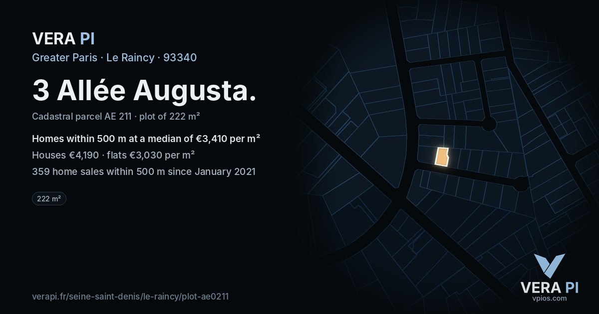 3 Allée Augusta, Le Raincy at night – the plot lit, the parcels around coloured by the prices near them