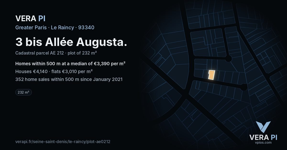 3 bis Allée Augusta, Le Raincy at night – the plot lit, the parcels around coloured by the prices near them