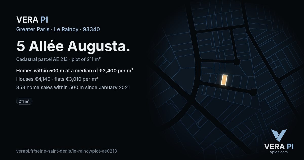 5 Allée Augusta, Le Raincy at night – the plot lit, the parcels around coloured by the prices near them