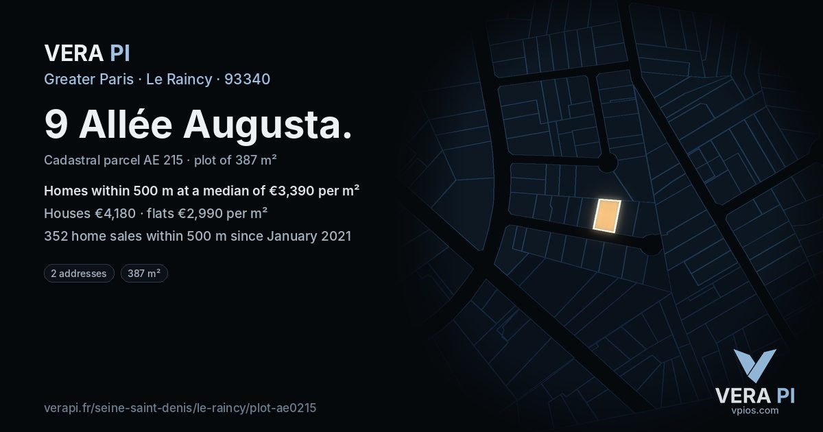 9 Allée Augusta, Le Raincy at night – the plot lit, the parcels around coloured by the prices near them