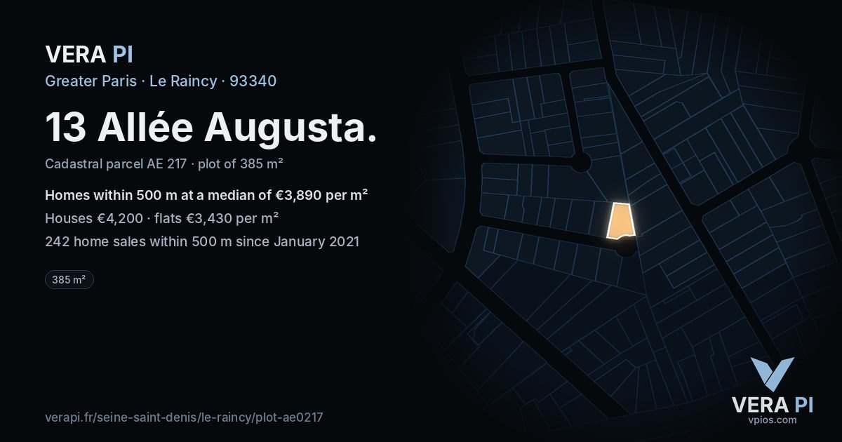 13 Allée Augusta, Le Raincy at night – the plot lit, the parcels around coloured by the prices near them