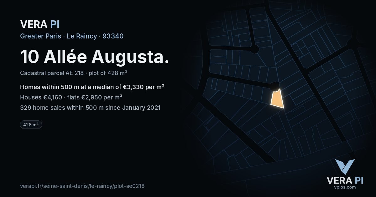 10 Allée Augusta, Le Raincy at night – the plot lit, the parcels around coloured by the prices near them