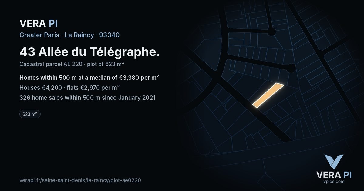 43 Allée du Télégraphe, Le Raincy at night – the plot lit, the parcels around coloured by the prices near them