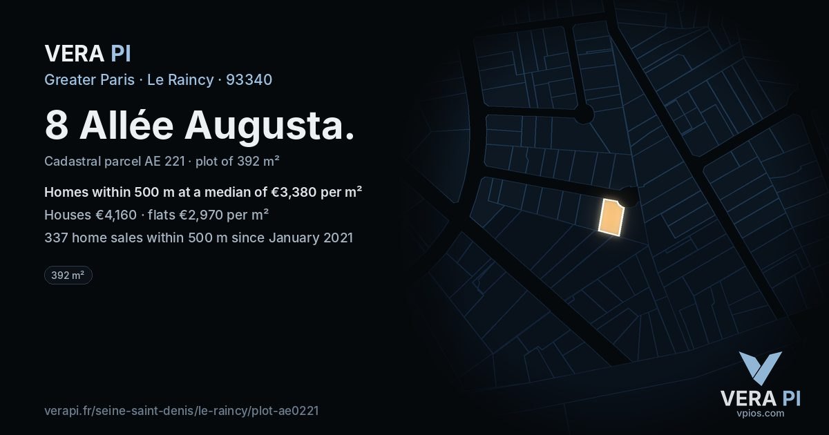 8 Allée Augusta, Le Raincy at night – the plot lit, the parcels around coloured by the prices near them