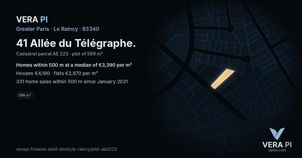 41 Allée du Télégraphe, Le Raincy at night – the plot lit, the parcels around coloured by the prices near them