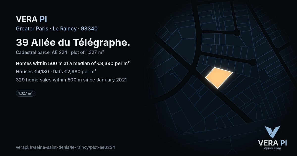 39 Allée du Télégraphe, Le Raincy at night – the plot lit, the parcels around coloured by the prices near them