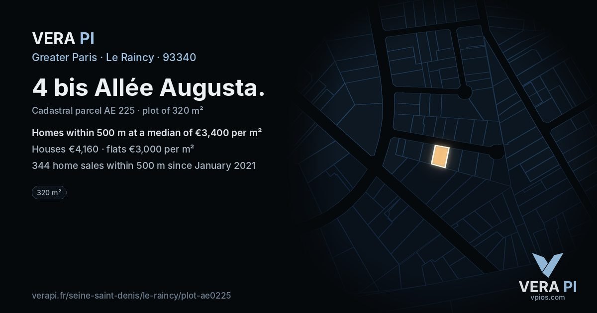 4 bis Allée Augusta, Le Raincy at night – the plot lit, the parcels around coloured by the prices near them