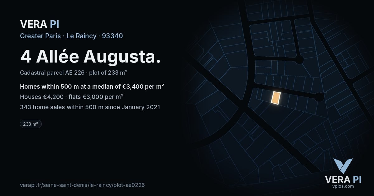 4 Allée Augusta, Le Raincy at night – the plot lit, the parcels around coloured by the prices near them