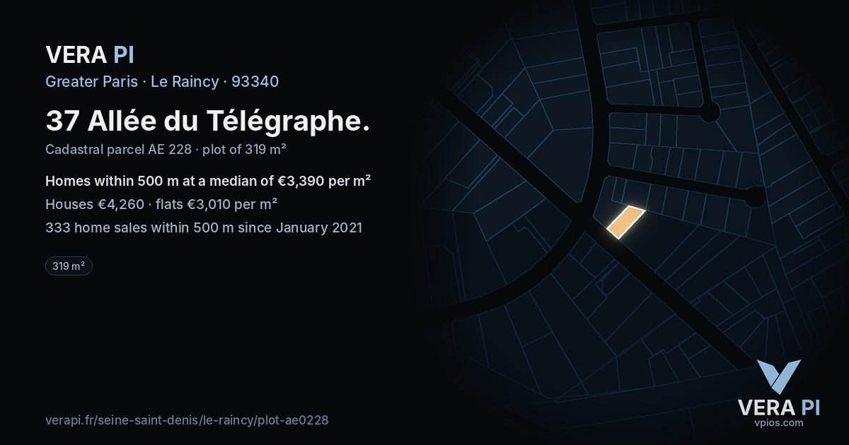 37 Allée du Télégraphe, Le Raincy at night – the plot lit, the parcels around coloured by the prices near them