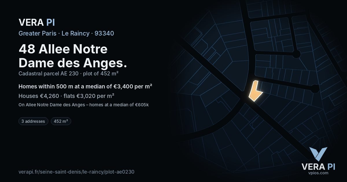 48 Allee Notre Dame des Anges, Le Raincy at night – the plot lit, the parcels around coloured by the prices near them