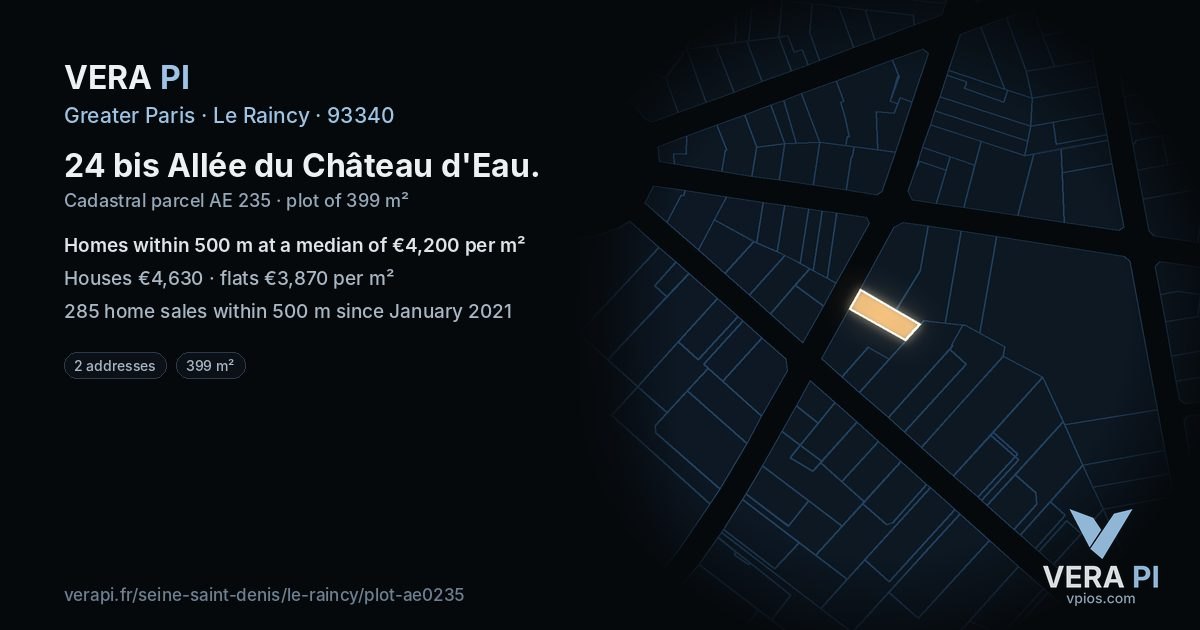 24 bis Allée du Château d'Eau, Le Raincy at night – the plot lit, the parcels around coloured by the prices near them