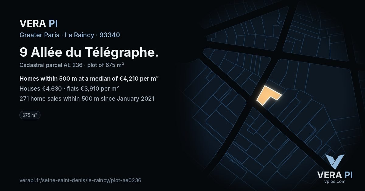9 Allée du Télégraphe, Le Raincy at night – the plot lit, the parcels around coloured by the prices near them