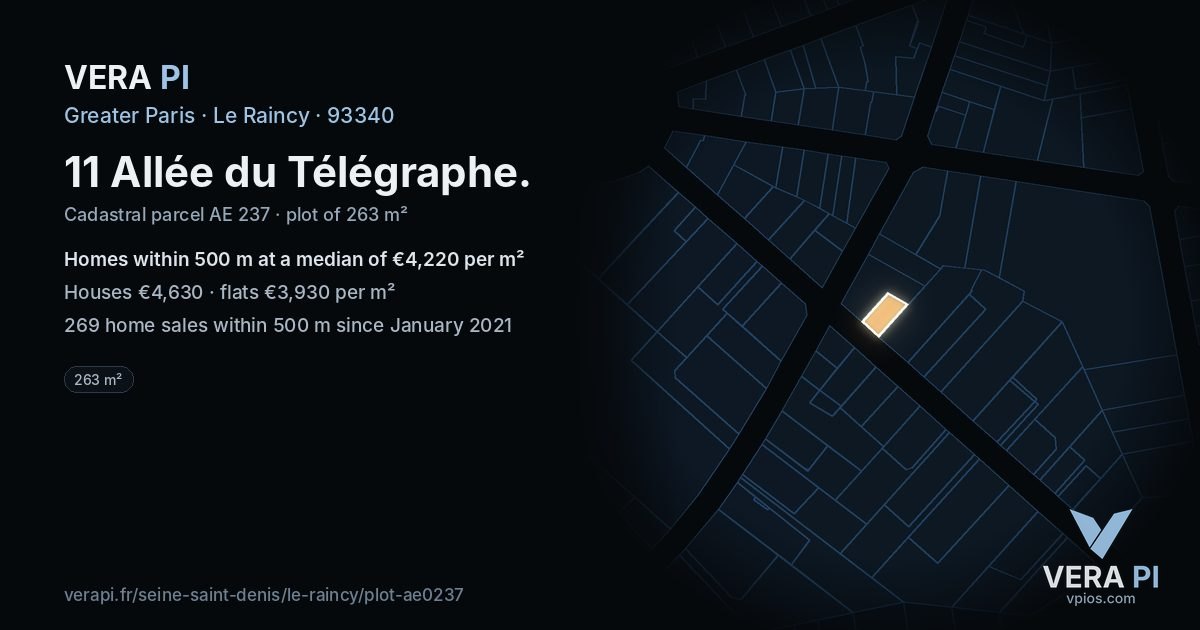 11 Allée du Télégraphe, Le Raincy at night – the plot lit, the parcels around coloured by the prices near them