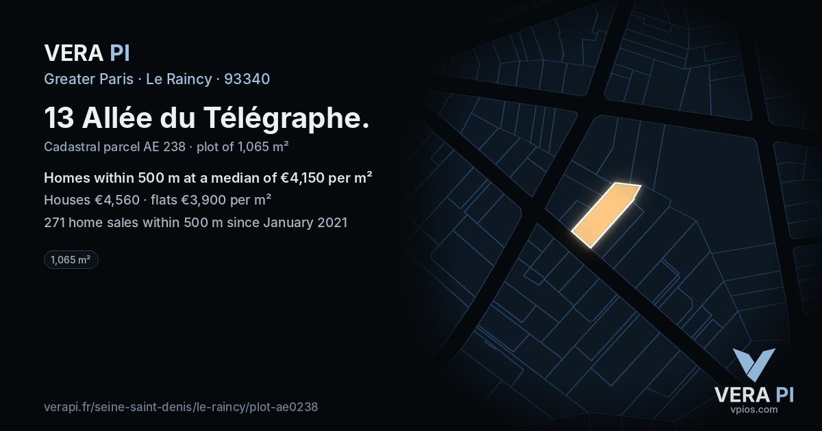 13 Allée du Télégraphe, Le Raincy at night – the plot lit, the parcels around coloured by the prices near them