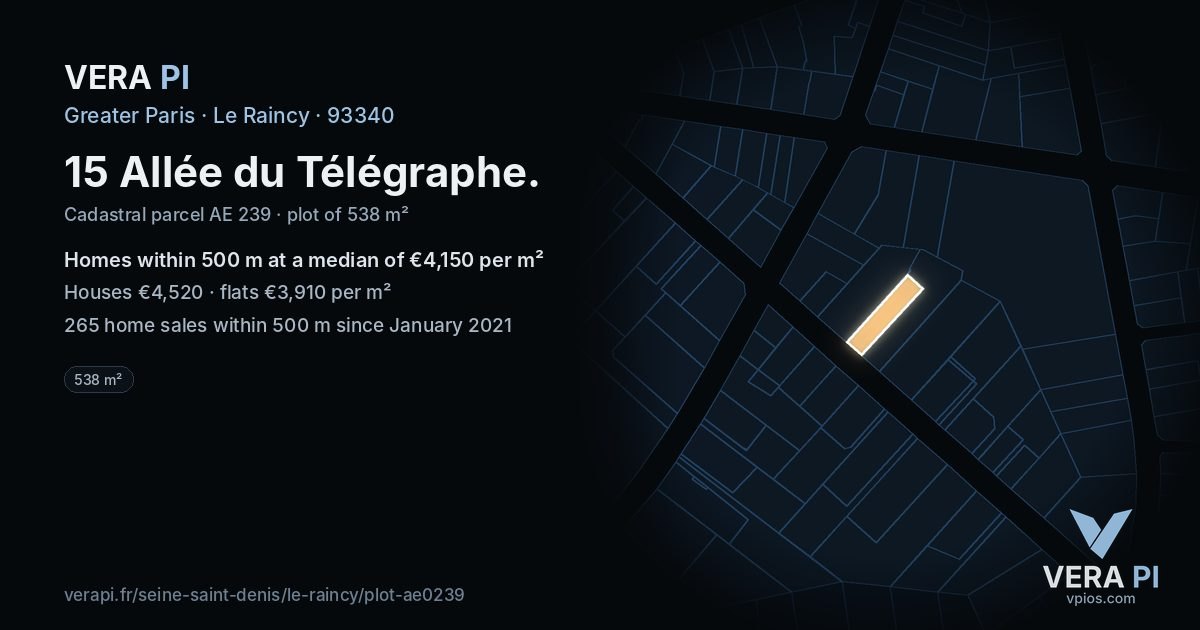 15 Allée du Télégraphe, Le Raincy at night – the plot lit, the parcels around coloured by the prices near them