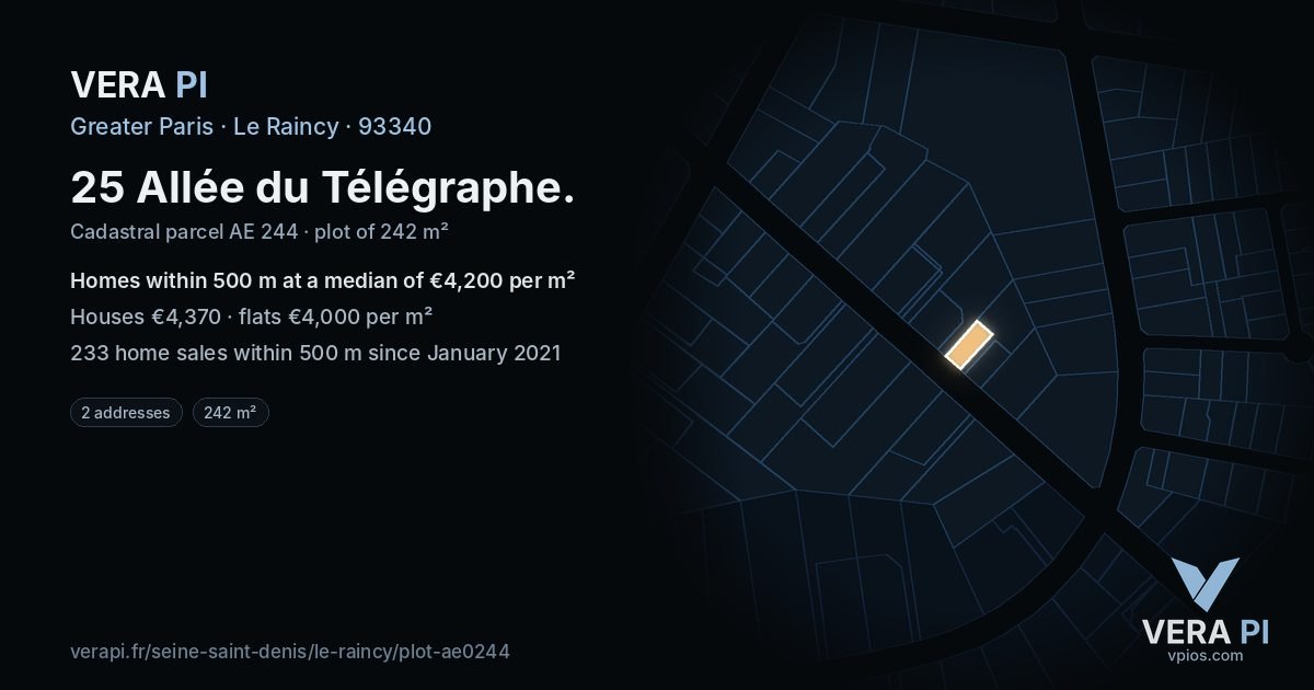 25 Allée du Télégraphe, Le Raincy at night – the plot lit, the parcels around coloured by the prices near them