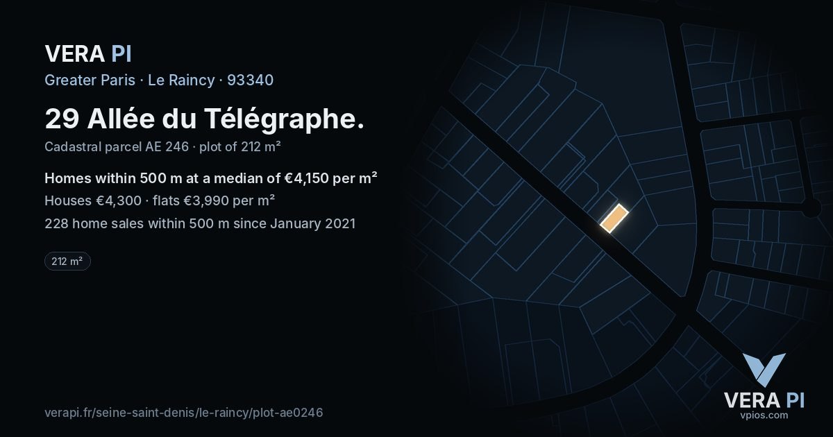 29 Allée du Télégraphe, Le Raincy at night – the plot lit, the parcels around coloured by the prices near them