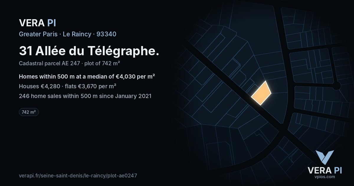 31 Allée du Télégraphe, Le Raincy at night – the plot lit, the parcels around coloured by the prices near them