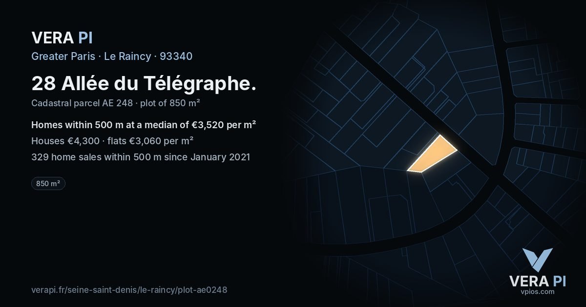28 Allée du Télégraphe, Le Raincy at night – the plot lit, the parcels around coloured by the prices near them