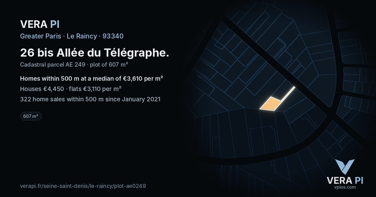 26 bis Allée du Télégraphe, Le Raincy at night – the plot lit, the parcels around coloured by the prices near them