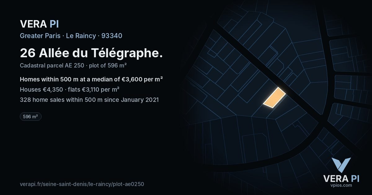 26 Allée du Télégraphe, Le Raincy at night – the plot lit, the parcels around coloured by the prices near them